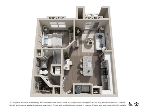 Floor plan for 1 bed, 1 bath, 782 sqft